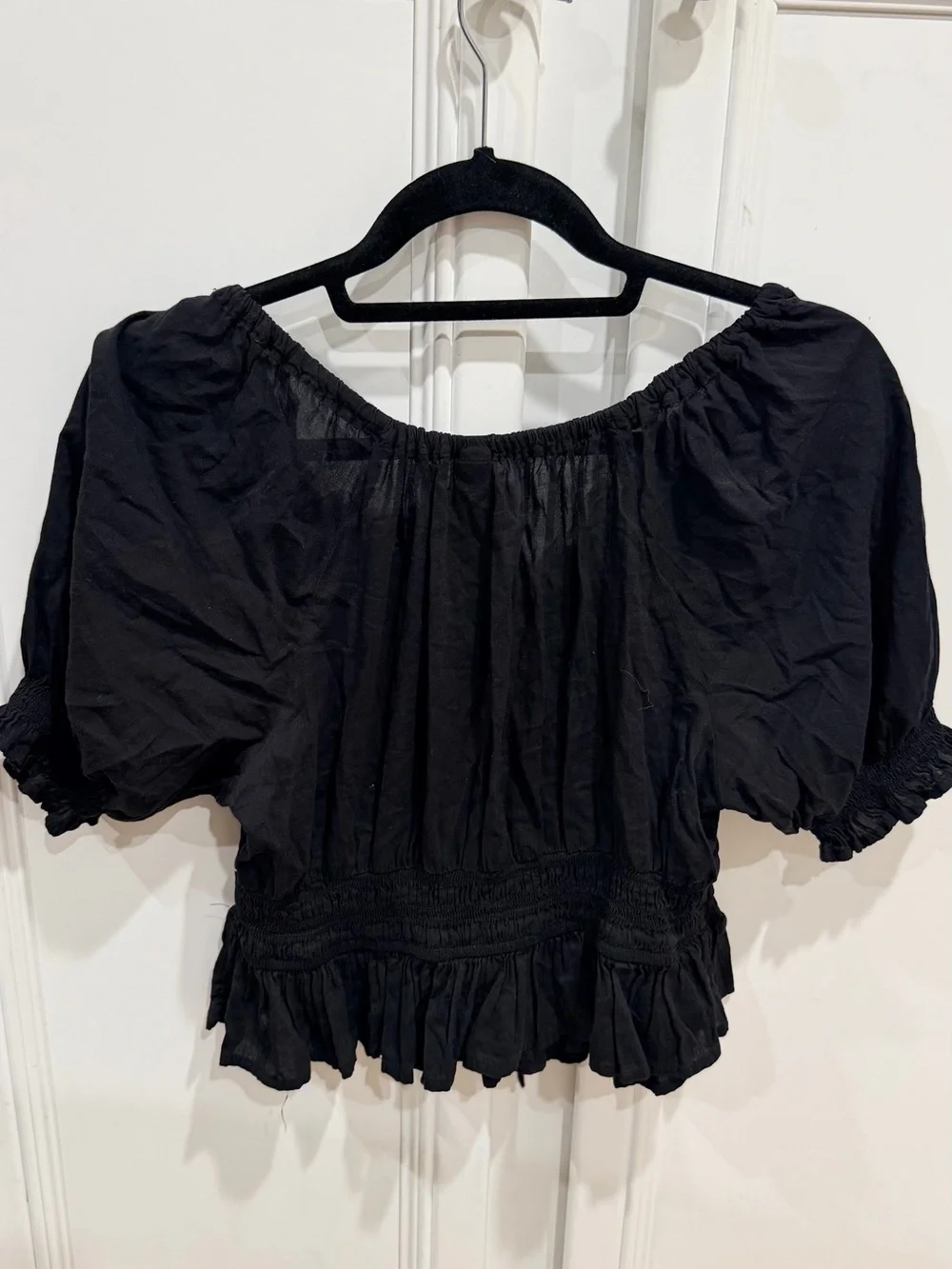 Old Navy Black Peasant Crop Top with Puff Sleeves